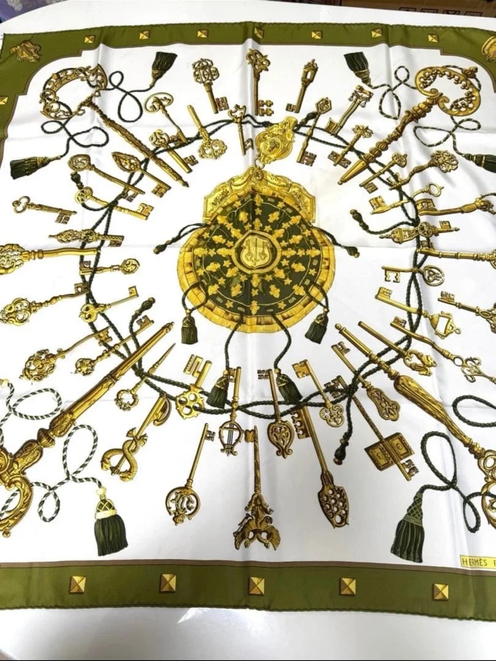 Hermes Olive Green White Gold Key Motif Silk Scarf